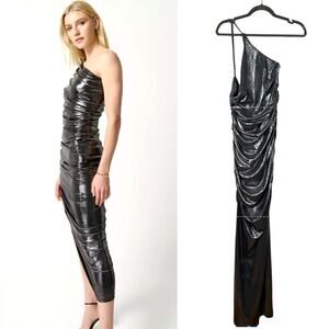 Vintage Y2K Social Couture L One Shoulder Bodycon Shimmer Dress Gunmetal Silver
